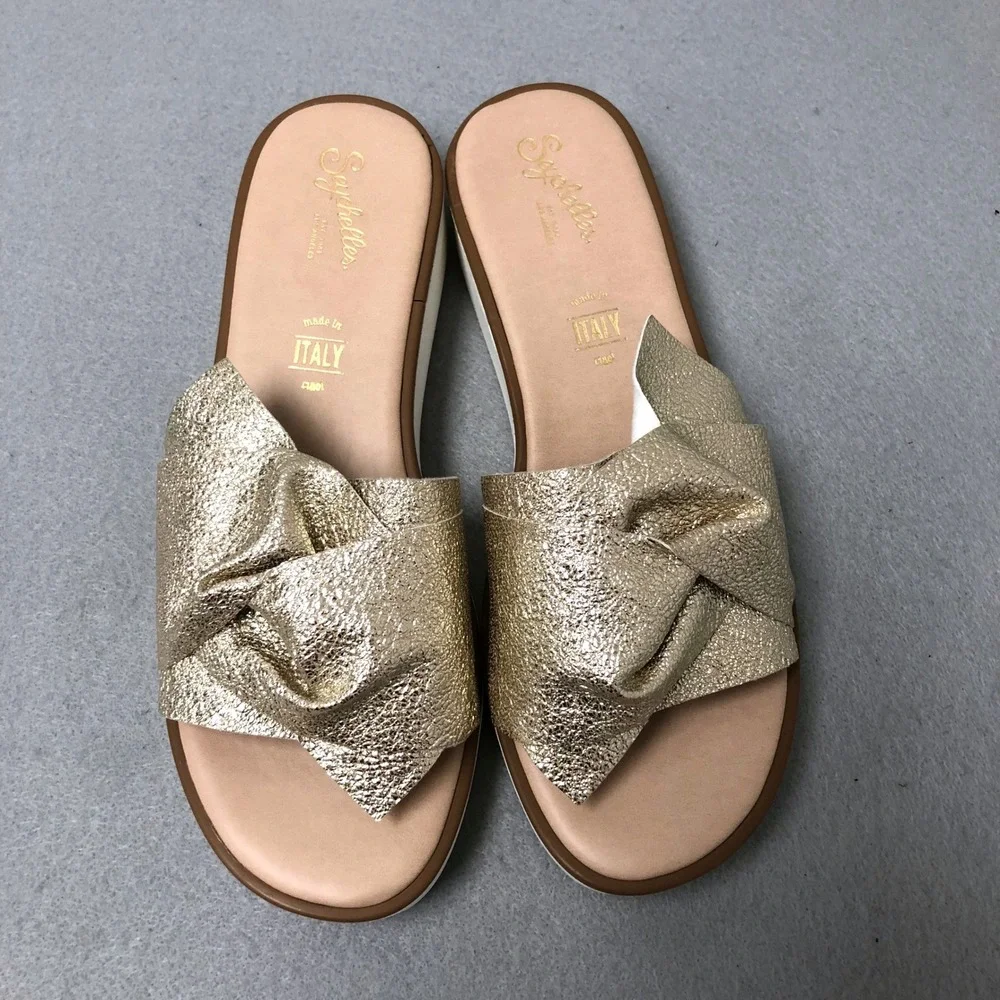 Seychelles Slide Sandals Womens 7.5 Gold Metallic Platform Knotted Made In Italy